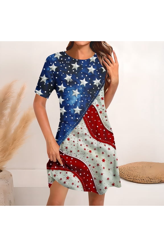 Patriotic Summer Dresses for Women Short Sleeve Independence Day Shirt Dress Crew Neck American Flag Sundress for Beach Vacation