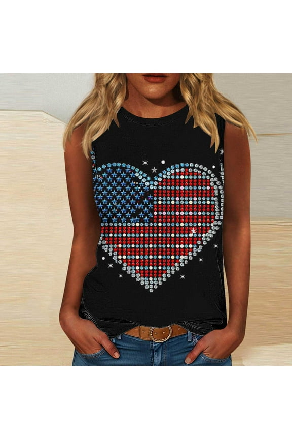 Patriotic Tank Tops for Women Crew Neck Sleeveless Summer Tanks Vintage Love USA Flag Graphic T Shirts Plus Size Tees