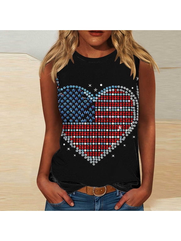 Patriotic Tank Tops for Women Crew Neck Sleeveless Summer Tanks Vintage Love USA Flag Graphic T Shirts Plus Size Tees