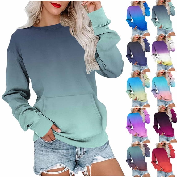 Frostluinai Petite Pullover Sweatshirt Women Crew Neck Gradient Sweat Shirts Long Sleeve Lightweight Fall Casual Wear Comfy Soft Tops S-XXL