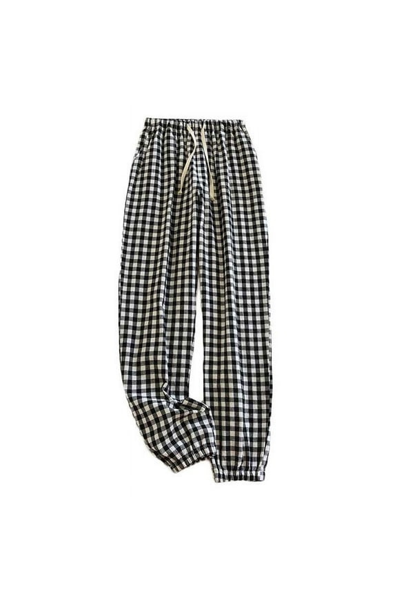 Plaid Lounge Pants for Women Elastic Waisted Cinch Bottom Pants Comzy Wide Leg Pants Color Block Loungewear Pants with Pocket