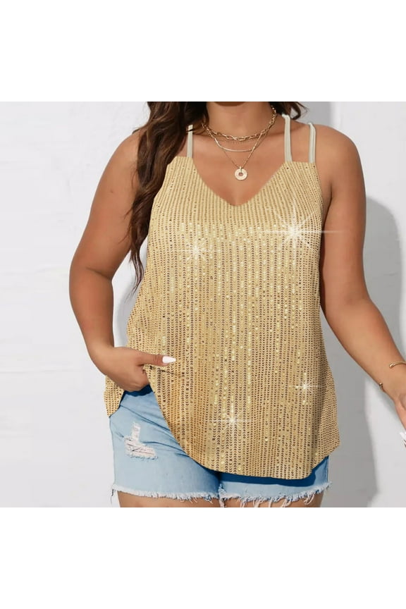 Plus Size Camisoles for Women V Neck Sequined Tunic Tanks Sparkly Spaghetti Strap Camisoles Loose Fit Night Out Camis