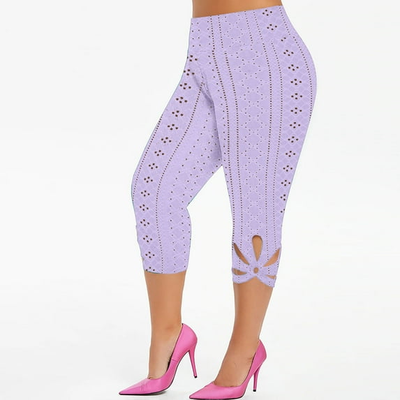 Frostluinai Plus Size Capri Leggings Eyelet Embroidery High Waist Stretch Capris Pants Solid Color Slim Fit Yoga Workout Capris
