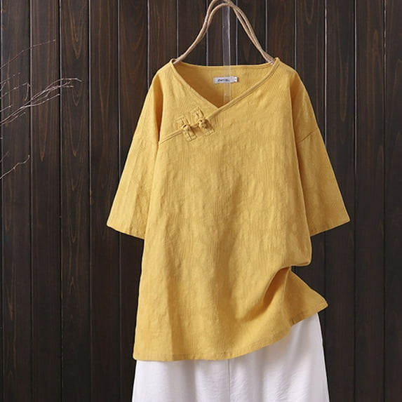 Frostluinai Plus Size Cotton Linen Tops for Women Casual Loose Button up V Neck T Shirts Side Split 3/4 Sleeve Shirts