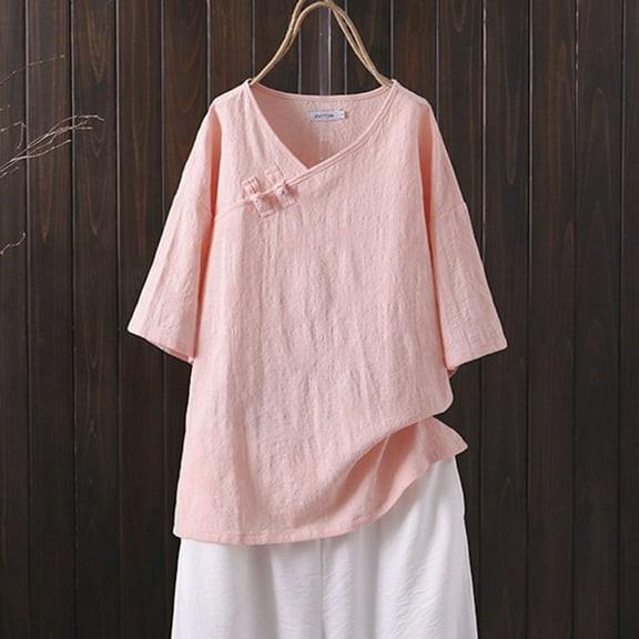 Frostluinai Plus Size Cotton Linen Tops for Women Casual Loose Button up V Neck T Shirts Side Split 3/4 Sleeve Shirts