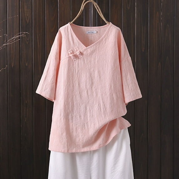 Frostluinai Plus Size Cotton Linen Tops for Women Casual Loose Button up V Neck T Shirts Side Split 3/4 Sleeve Shirts