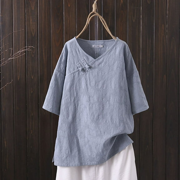 Frostluinai Plus Size Cotton Linen Tops for Women Casual Loose Button up V Neck T Shirts Side Split 3/4 Sleeve Shirts