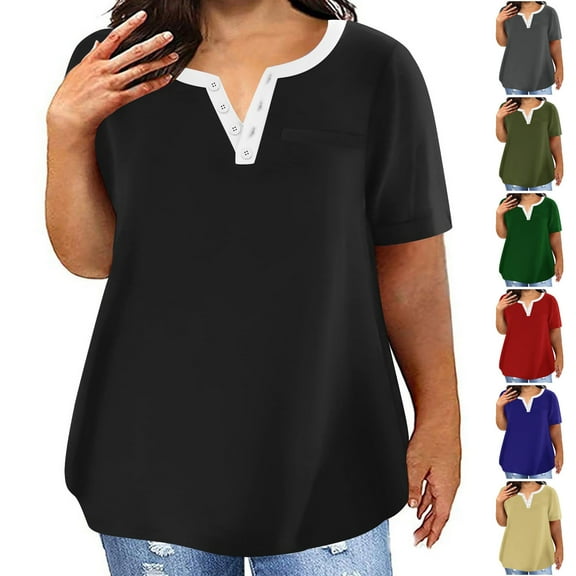 Frostluinai Plus Size Henley Shirts for Wonen Short Sleeve Loose Fit Blouses Color Block Lounge Tee Shirts Comzy Curved Hem Tees Gifts