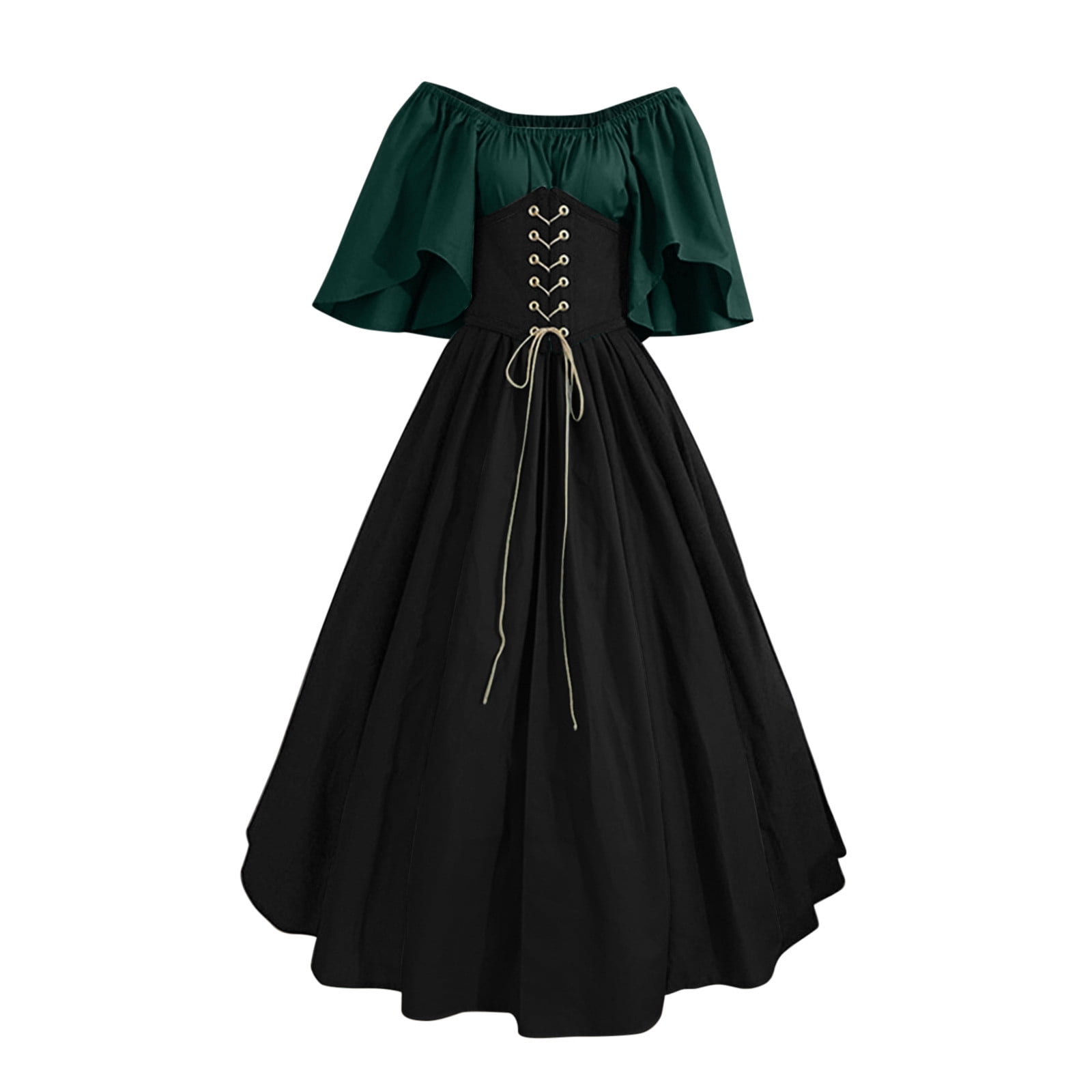 black one shoulder plus size dress Short Sleeve Tiered Renaissance Dress 16323 Green / S/M