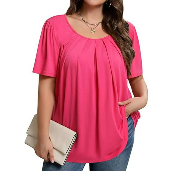 Frostluinai Plus Size Pleated Tops Women Short Sleeve Crew Neck Loose T Shirts Basic Solid Color Shirts Casual Dressy Business Work Blouses