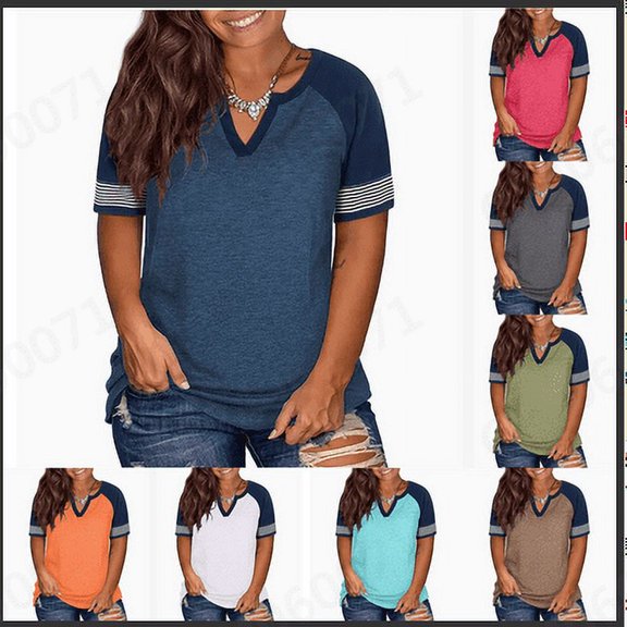 Frostluinai Plus Size Raglan Shirts for Women Summer Notch V Neck Tunic Tops Casual Striped Color Block T Shirts Loose Fit Blouses Mothers Day Gifts