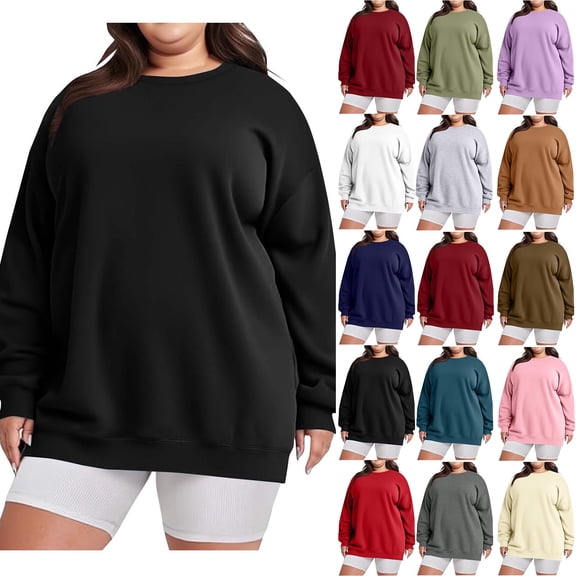 Frostluinai Plus Size Sewatshirts for Women Solid Crew Neck Fall Sweat Shirts Long Sleeve Fleece Lined Pullover L-5XL