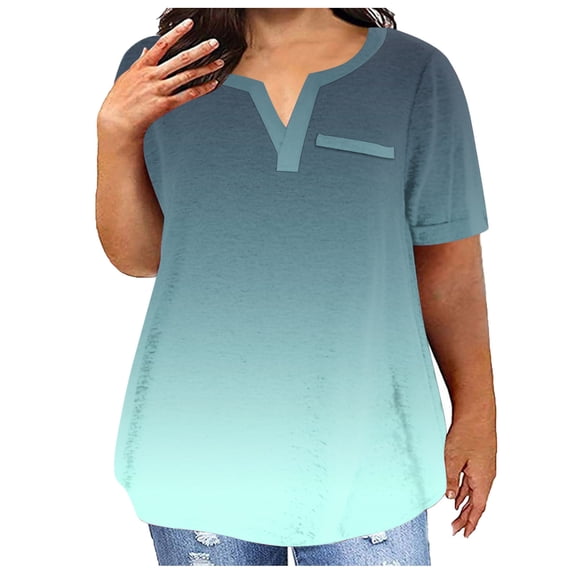 Frostluinai Plus Size Shirts for Women Short Sleeve Summer Tops Notch V Neck Gradient T Shirts Loose Fit Blouses Comzy Tees Casual Shirts