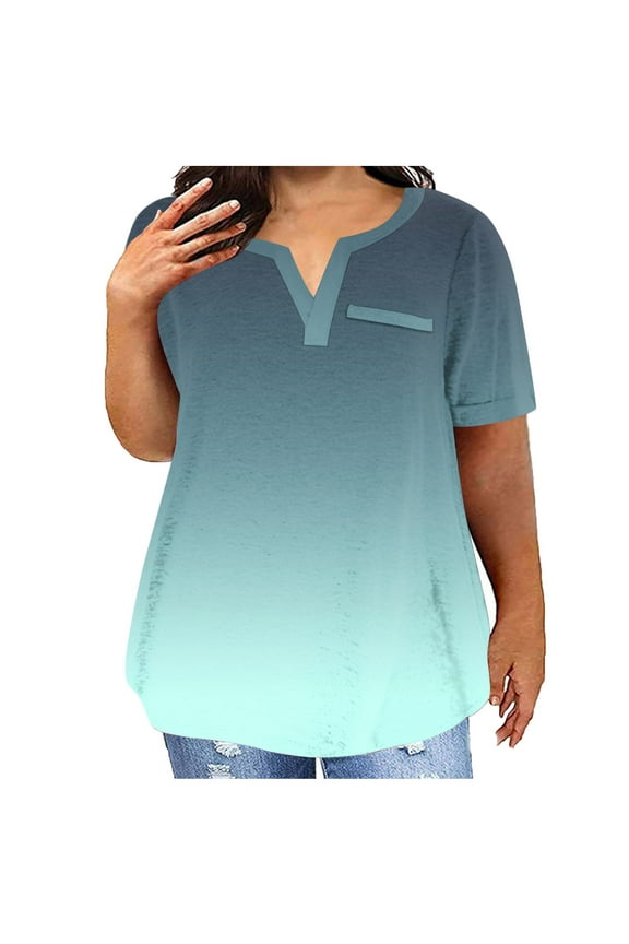 Plus Size Shirts for Women Short Sleeve Summer Tops Notch V Neck Gradient T Shirts Loose Fit Blouses Comzy Tees Casual Shirts