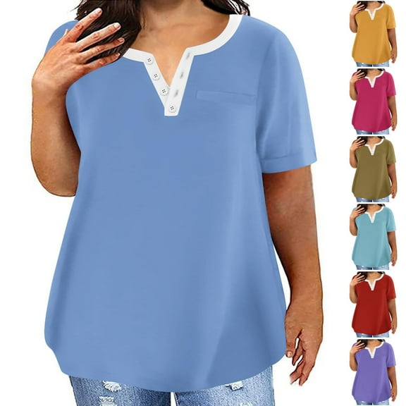 Frostluinai Plus Size Summer Tops for Women Short Sleeve Henley Shirts Color Block Loose Fit Blouses Funny Curved Hem Tshirts Gifts