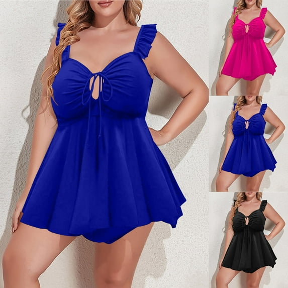 Frostluinai Plus Size Tankini Swimsuits for Women Adjustable Spaghetti Strap Two Piece Bathing Suit Solid Tummy Control Swim Dress Swimwear