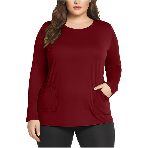 Frostluinai Plus Size Tops for Women Long Sleeve Casual Shirts Crewneck Stretchy T Shirts Basic Solid Color Blouses Loose Fit Tees with Pocket