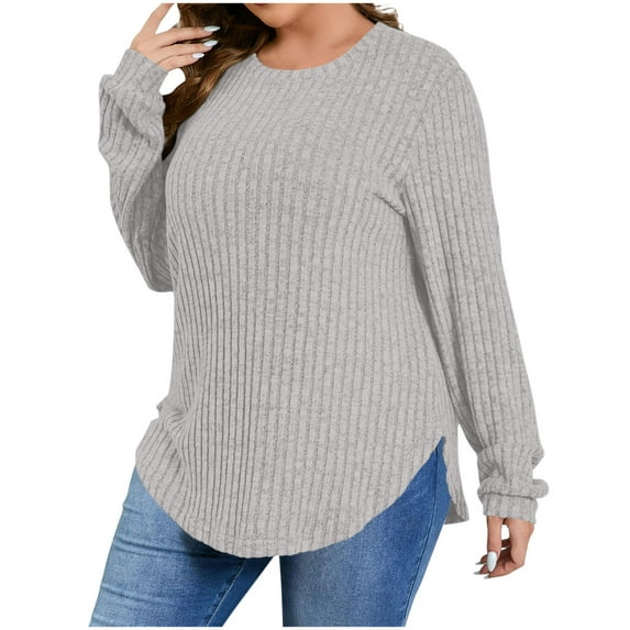 Frostluinai Plus Size Tops for Women Long Sleeve Ribbed Knit Pullover Crew Neck Casual T Shirts Basic Solid Color Shirts Split Curved Hem Tees