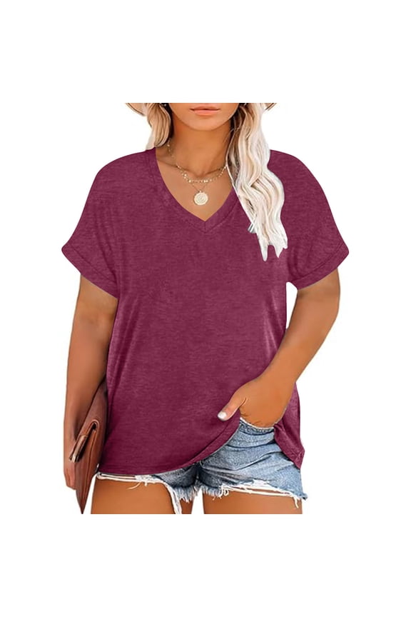 Plus Size Tops for Women V Neck Short Sleeve T Shirts Loose Fit Blouses Solid Color Lounge Tees Comzy Business Work Shirts