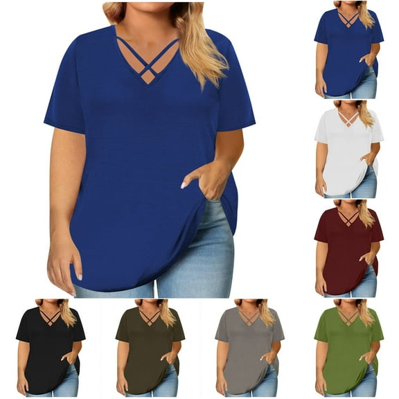 Frostluinai Plus Size Tunic Tops for Women V Neck Criss Cross Short Sleeve Shirts Summer Loose Fit Tshirts Solid Color Tees Mother's Day Gifts