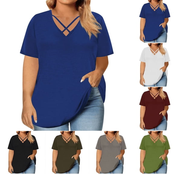 Frostluinai Plus Size Tunic Tops for Women V Neck Criss Cross Short Sleeve Shirts Summer Loose Fit Tshirts Solid Color Tees Mother's Day Gifts