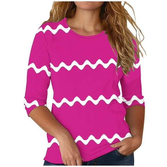 Frostluinai Plus Size Womens Tops Striped Casual 3/4 Sleeve T Shirts Crew Neck Loose Fit Shirts Fashion Going Out Tees Comy Blouses