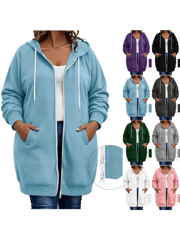 Plus Size Zip up Hooded Jacket Womens Fall Long Hoodies Long Sleeve Tunic Sweatshirt Coats with Pocket Solid Comfy L-5XL