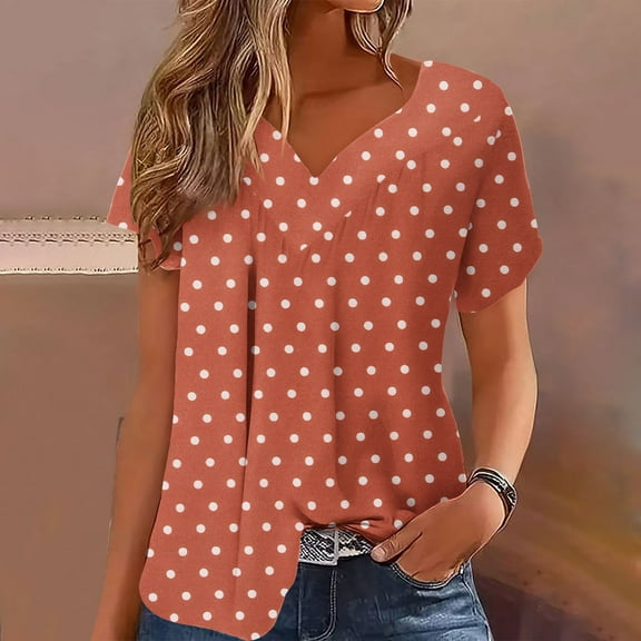 Frostluinai Polka Dot Shirts for Women V Neck Pleated Tops Short Sleeve Lounge T Shirts Funny Summer Blouses Plus Size Lightweight Tees
