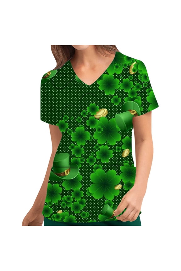 Printing Working Uniform Nursing Uniform for Womens Scrubs Tops Color Casual Working Uniform with Pocket V-Neck Work Utility&Safety Tops Nursing Worker Protective Clothing Top