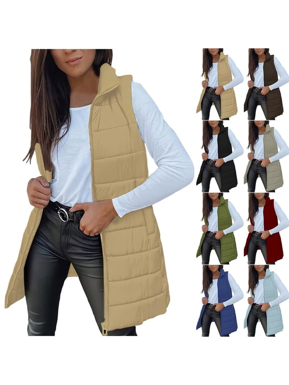 Puffer Vest Women Stand Collar Sleeveless Long Quilted Jacket Zip Up Lightweight Warm Padded Gilet Coat Outerwear with Pocket