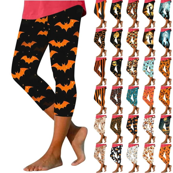 Frostluinai Pumpkin Capri Pants for Women Stretchy Yoga Sporty Leggings High Waist Slim Fit Capris Halloween Athletic Cropped Pants