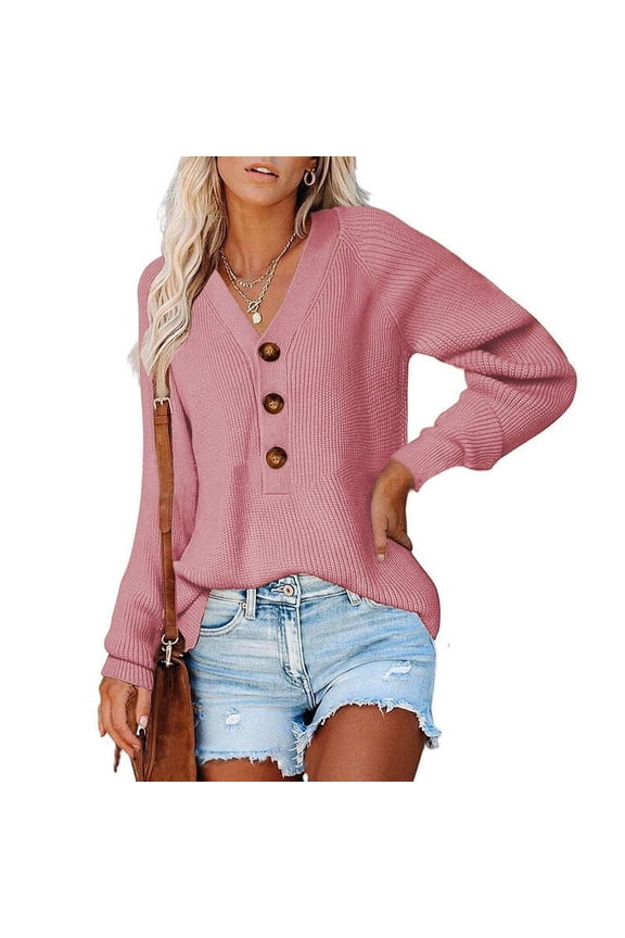Raglan Sweaters for Women Half Button V Neck Knit Pullover Long Sleeve Solid Color Knit Sweaters Lightweight Vacation Sweaters