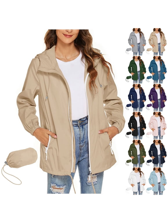Rain Coats for Women Waterproof Windbreaker Travel Jacket Lightweight Full Zip Long Sleeve Hiking Jacket with Pockets