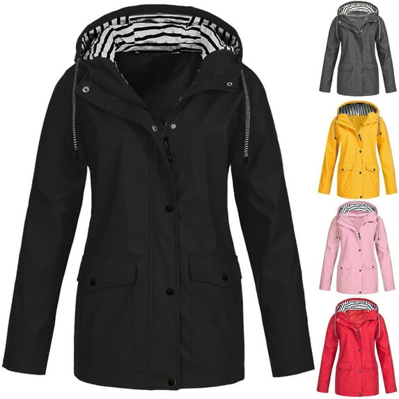 Frostluinai Rain Jacket Women Waterproof Zip Up Rain Coat Striped Lined Lightweight Outerwaer Plus Size Solid Travel Jacket Coats with Hood Pocket