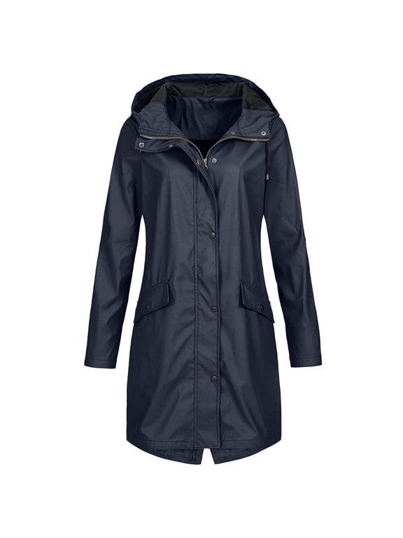 gakvbuo Rain Jackets For Women Waterproof Long Sleeve Lightweight Plus Size Raincoat Buttons Zip Up Ski-Wear Trench Coat Outdoor Sportswear Mountaineering Hooded Drawstring Windbreaker