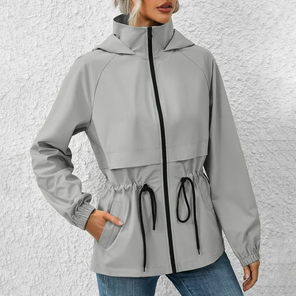 Frostluinai Rain Jackets for Women Waterproof Zipper Hooded Rain Coat Lightweight Drawstring Waist Windbreaker Outdoor Hiking Raincoat with Pocket
