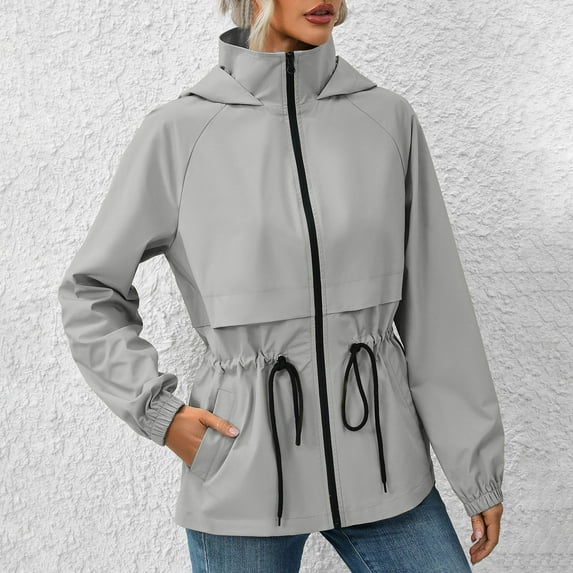 Frostluinai Rain Jackets for Women Waterproof Zipper Hooded Rain Coat Lightweight Drawstring Waist Windbreaker Outdoor Hiking Raincoat with Pocket