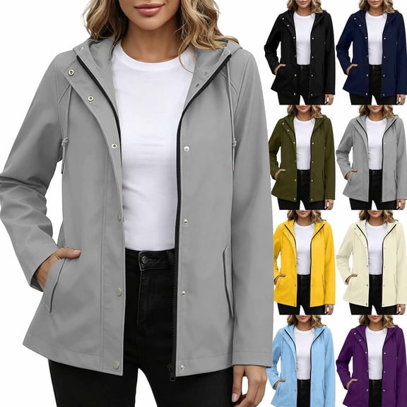 Frostluinai Raincoat Women Waterproof Lightweight Hooded Trench Coats Full Zipper Button Windbreaker Travel Jacket with Pocket S-XXL