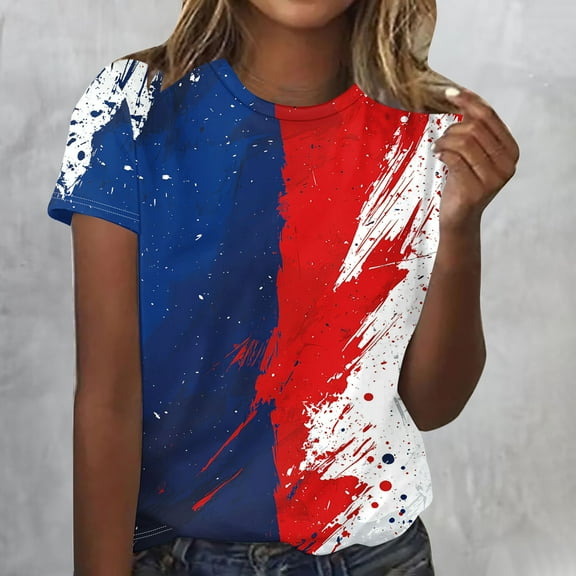Frostluinai Red White and Blue Shirts Womens Independence Day Short Sleeve Tshirts 4th of July Crew Neck Lounge Shirts Vintage Party Tees
