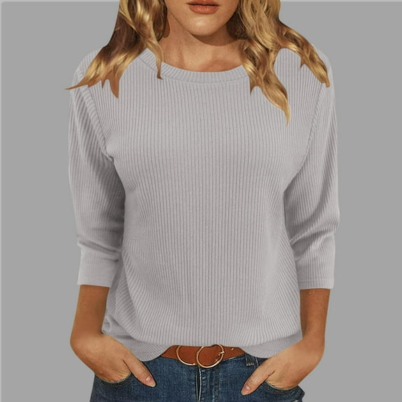 Frostluinai Ribbed Knit 3/4 Length Sleeve Womens Tops Summer Loose Solid Crew Neck T Shirts Casual Business Dressy Shirts Basic Solid Color Tees
