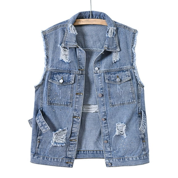 Frostluinai Ripped Denim Vest Women Sleeveless Lapel Jean Vests Button Down Distressed Denim Tanks Lightweight Fall Jean Tanks with Pocket