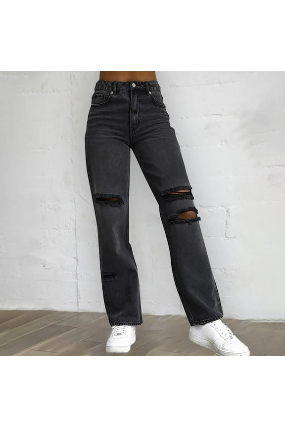 Ripped Jeans Womens Elastic Waist Black Wash Denim Pants Retro Straight Wide Leg Jeans Casaul Girlfriend Jean with Pockets