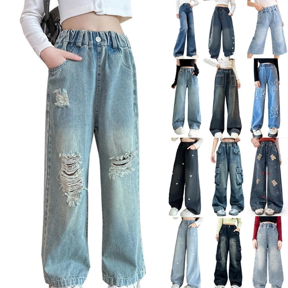 Frostluinai Ripped Jeans for Girl Distressed Retro Wash Denim Pants Elastic Waist Straight Leg Pull on Jean Trousers with Pocket 5-14Y