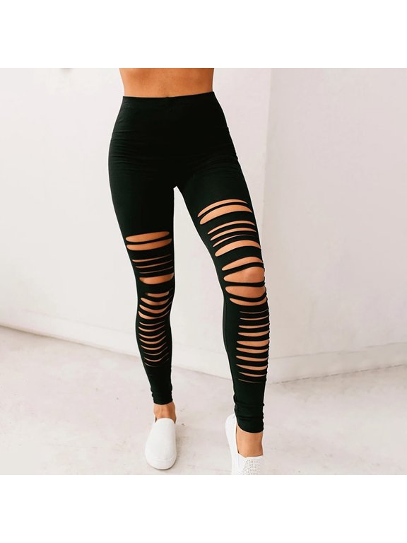 Ripped Leggings for Women High Waisted Stretch Workout Pants Solid Color Slim Fit Gym Leggings Comfy Butt Lifting Pants