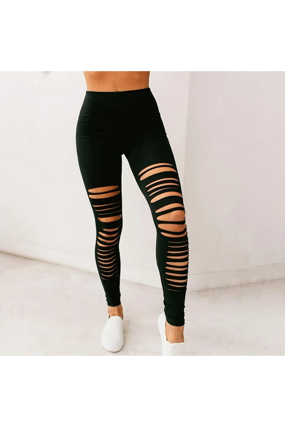 Ripped Leggings for Women High Waisted Stretch Workout Pants Solid Color Slim Fit Gym Leggings Comfy Butt Lifting Pants