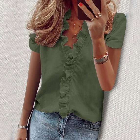Frostluinai Ruff Tops for Women Short Sleeve V Neck Shirts Casual Dressy Business Work Blouses Solid Color Loose Fit Tees Plus Size Summer Shirts