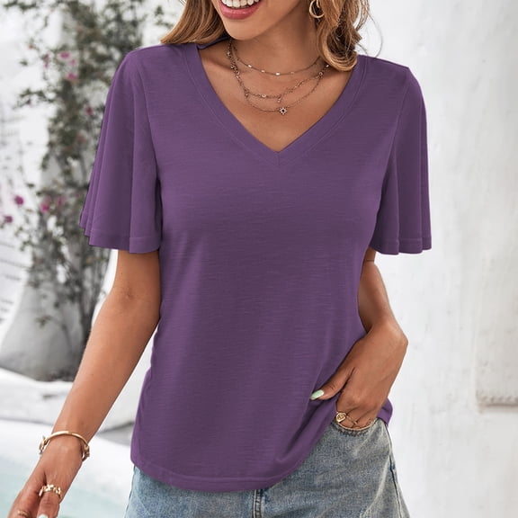 Frostluinai Ruffle Sleeve Shirts for Women V Neck Casual Tops Solid Color Tunic Shirts Soft Summer T Shirts Comzy Blouses Gifts