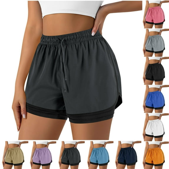 Frostluinai Running Shorts for Women High Waisted Athletic Shorts Gym 2 in 1 Workout Shorts Solid Drawstring Sporty Shorts with Pockets
