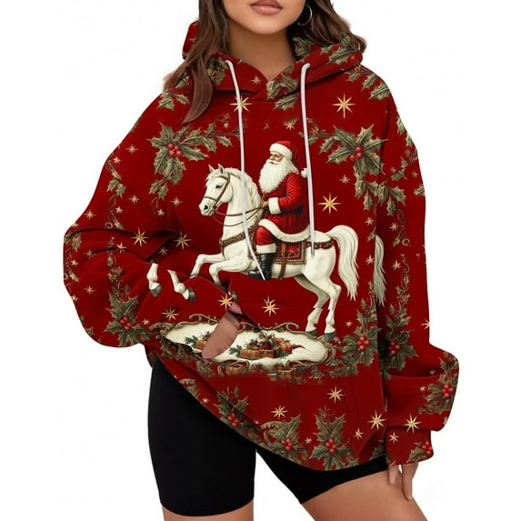 Frostluinai Santa Claus Hoodies for Women Oversized Long Sleeve Drop Shoulder Sweatshirts Christmas Pullover with Pocket Xmas Gifts