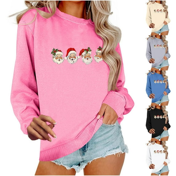 Frostluinai Santa Claus Sweatshirts Women Crew Neck Ugly Christmas Pullover Long Sleeve Xmas Print Sweat Shirts Marry Christmas Gifts